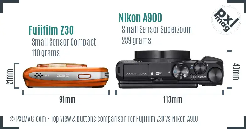 Fujifilm Z30 vs Nikon A900 top view buttons comparison