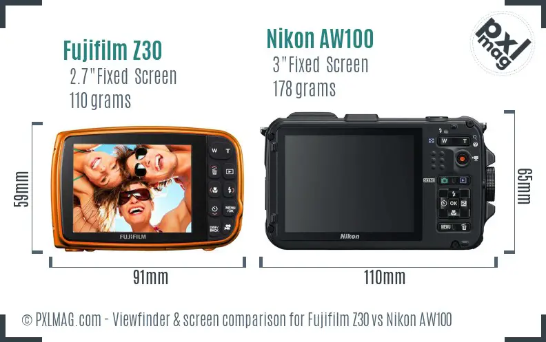 Fujifilm Z30 vs Nikon AW100 Screen and Viewfinder comparison