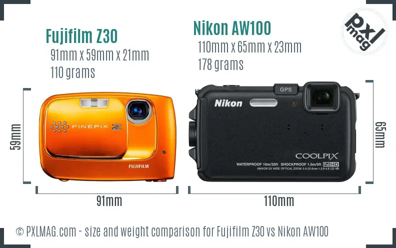 Fujifilm Z30 vs Nikon AW100 size comparison