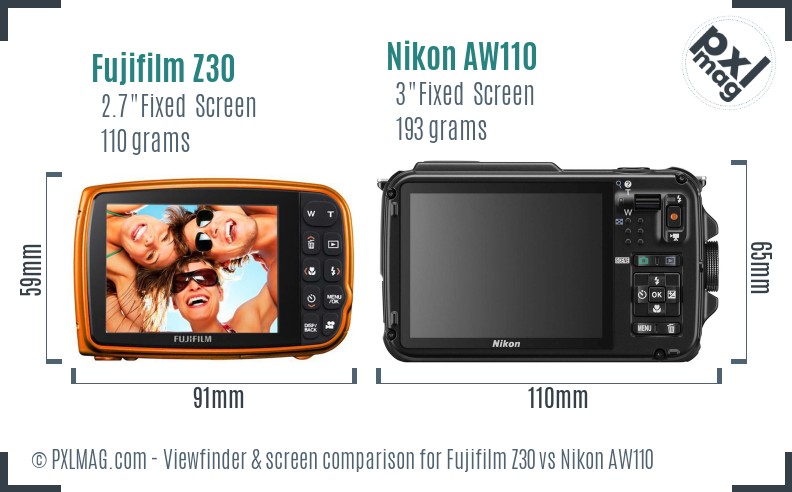 Fujifilm Z30 vs Nikon AW110 Screen and Viewfinder comparison