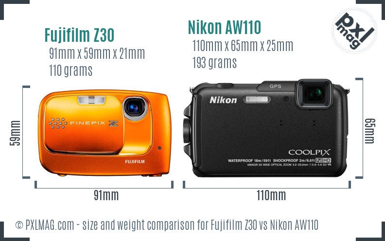 Fujifilm Z30 vs Nikon AW110 size comparison