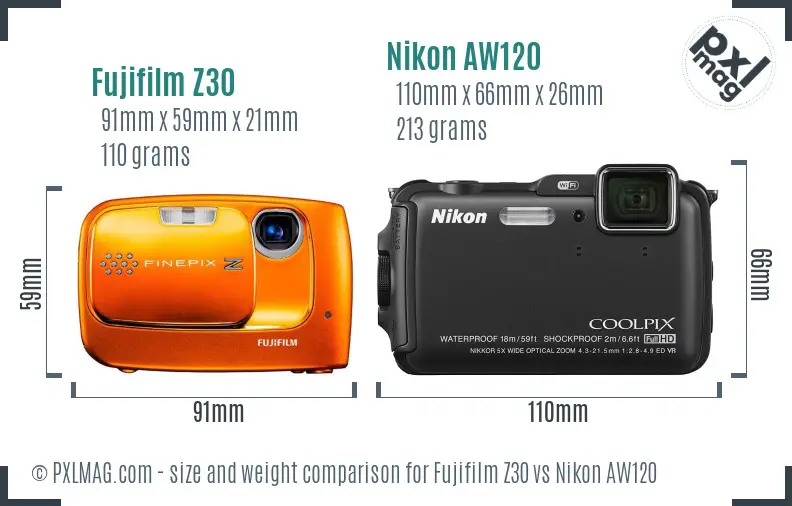 Fujifilm Z30 vs Nikon AW120 size comparison