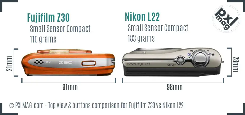 Fujifilm Z30 vs Nikon L22 top view buttons comparison