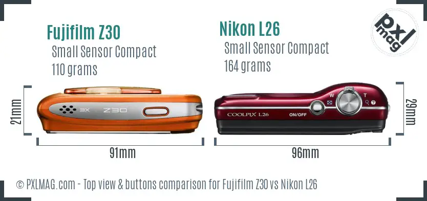 Fujifilm Z30 vs Nikon L26 top view buttons comparison