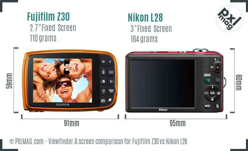 Fujifilm Z30 vs Nikon L28 Screen and Viewfinder comparison