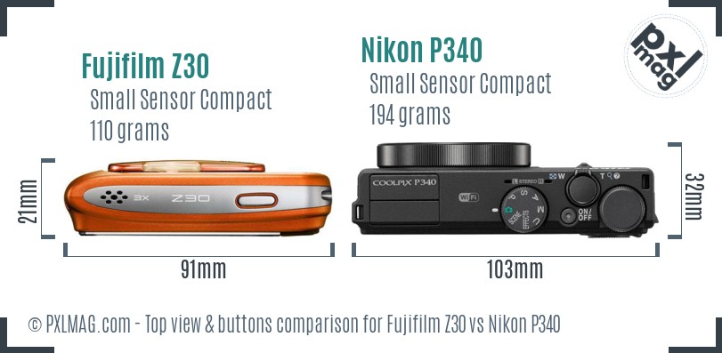 Fujifilm Z30 vs Nikon P340 top view buttons comparison