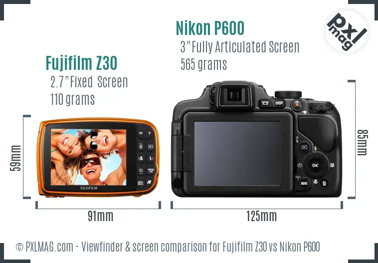 Fujifilm Z30 vs Nikon P600 Screen and Viewfinder comparison