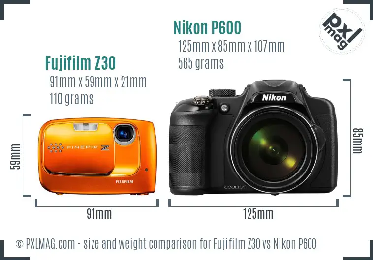 Fujifilm Z30 vs Nikon P600 size comparison