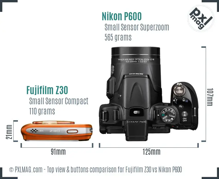 Fujifilm Z30 vs Nikon P600 top view buttons comparison