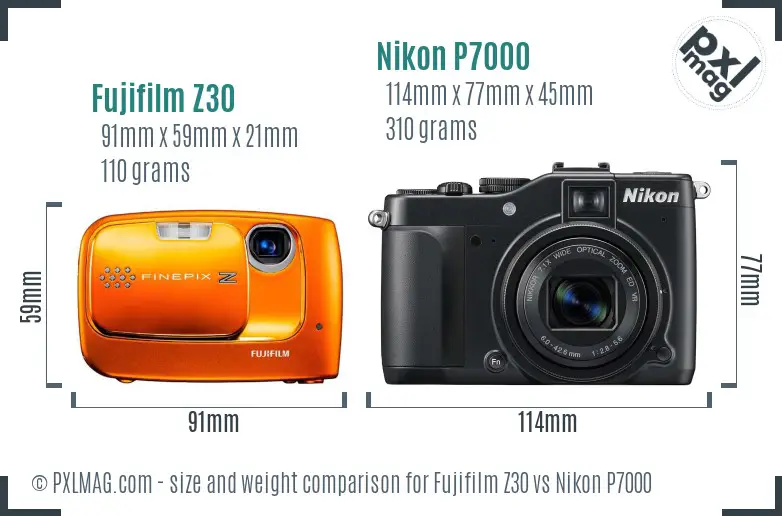 Fujifilm Z30 vs Nikon P7000 size comparison