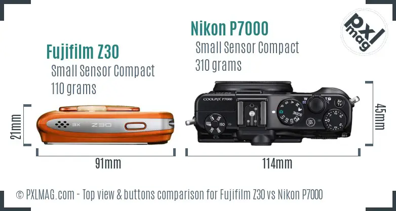 Fujifilm Z30 vs Nikon P7000 top view buttons comparison