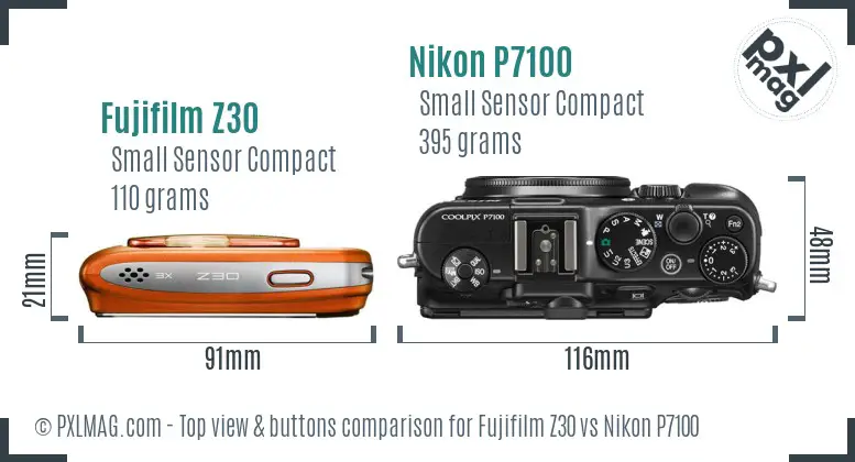 Fujifilm Z30 vs Nikon P7100 top view buttons comparison Fujifilm Z30 vs Nikon P7100 top view buttons comparison