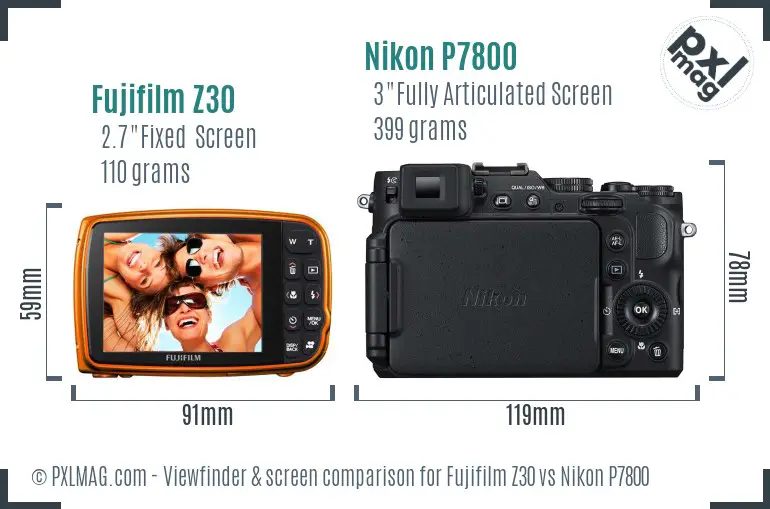 Fujifilm Z30 vs Nikon P7800 Screen and Viewfinder comparison