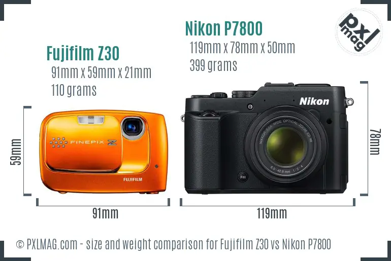 Fujifilm Z30 vs Nikon P7800 size comparison