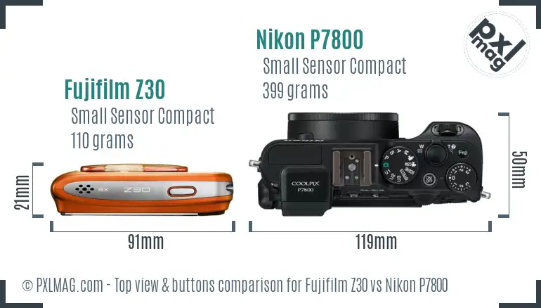 Fujifilm Z30 vs Nikon P7800 top view buttons comparison