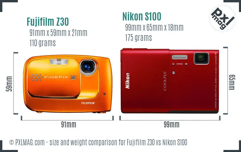 Fujifilm Z30 vs Nikon S100 size comparison