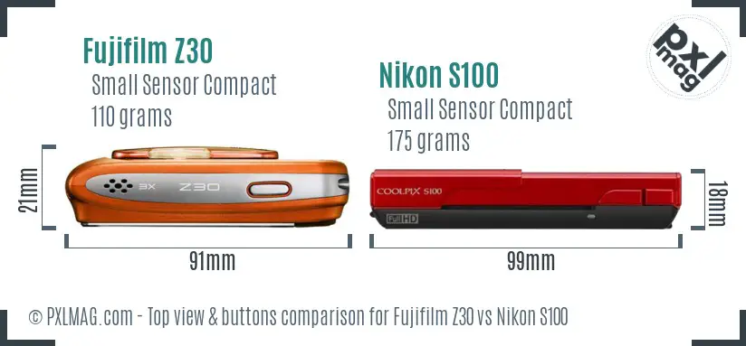 Fujifilm Z30 vs Nikon S100 top view buttons comparison
