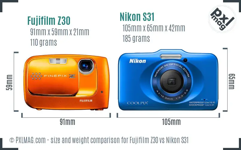 Fujifilm Z30 vs Nikon S31 size comparison