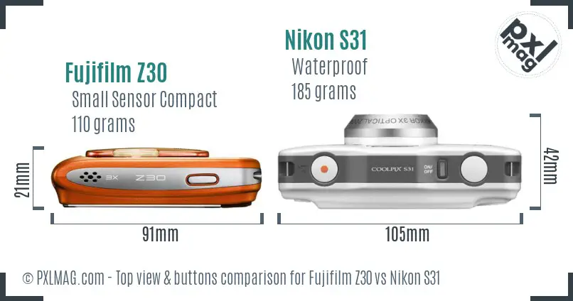 Fujifilm Z30 vs Nikon S31 top view buttons comparison