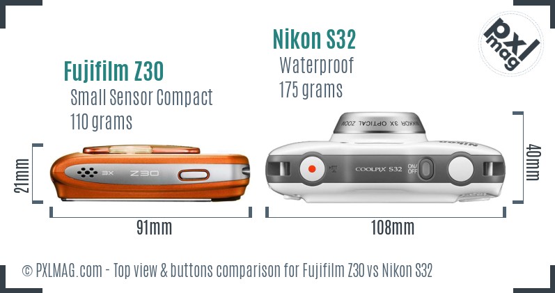 Fujifilm Z30 vs Nikon S32 top view buttons comparison