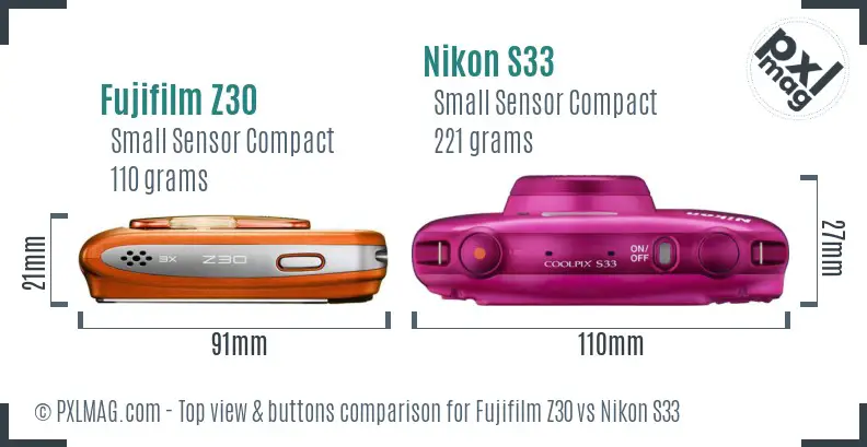 Fujifilm Z30 vs Nikon S33 top view buttons comparison