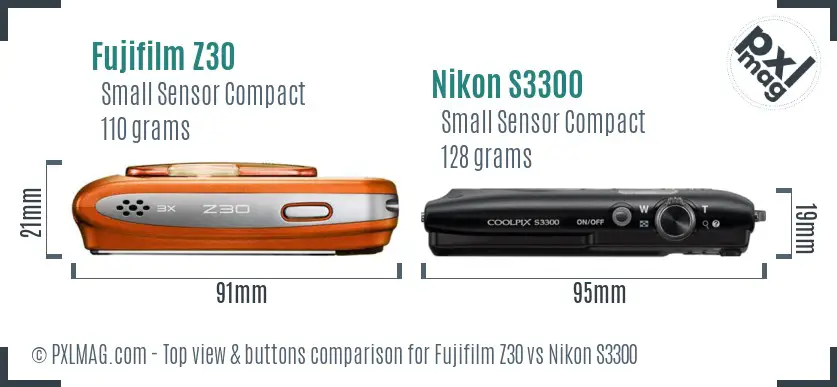 Fujifilm Z30 vs Nikon S3300 top view buttons comparison