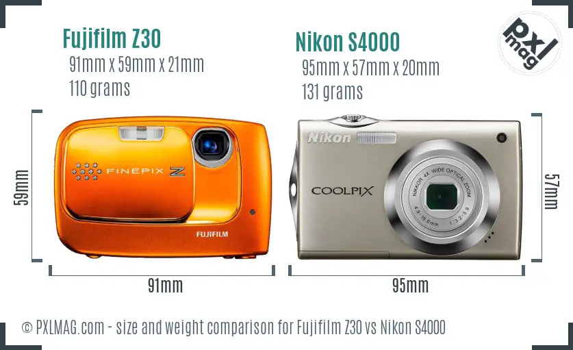 Fujifilm Z30 vs Nikon S4000 size comparison