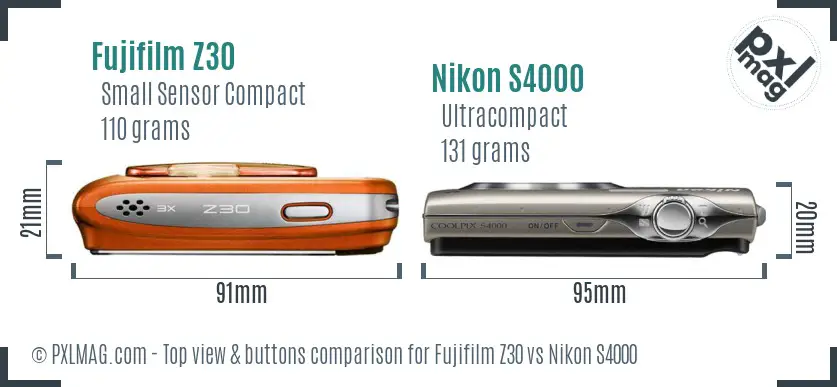 Fujifilm Z30 vs Nikon S4000 top view buttons comparison
