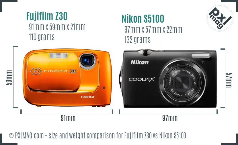 Fujifilm Z30 vs Nikon S5100 size comparison