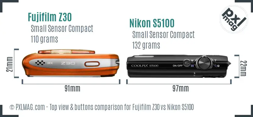 Fujifilm Z30 vs Nikon S5100 top view buttons comparison