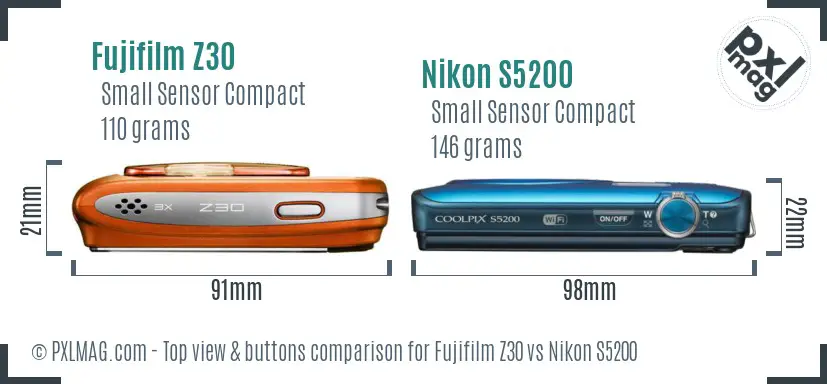 Fujifilm Z30 vs Nikon S5200 top view buttons comparison