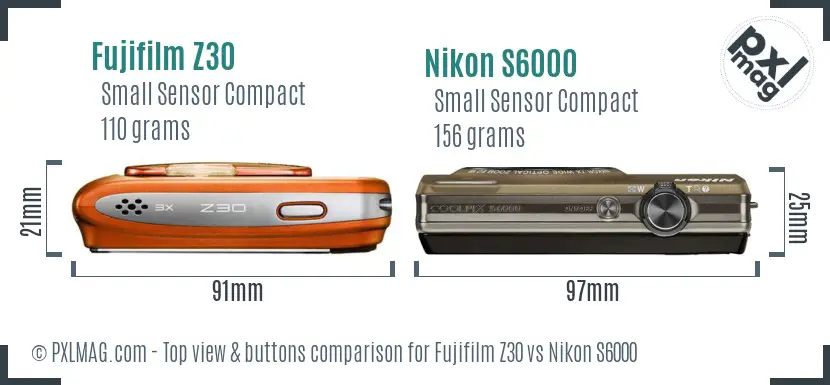 Fujifilm Z30 vs Nikon S6000 top view buttons comparison