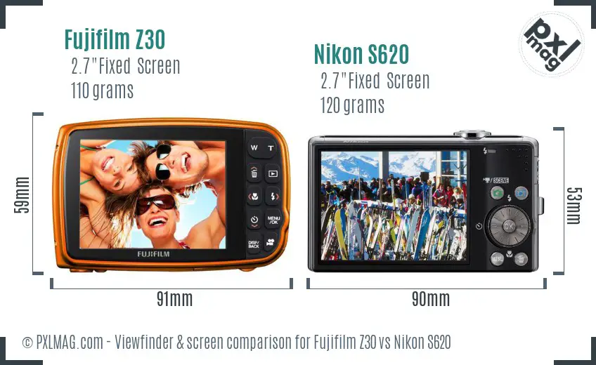 Fujifilm Z30 vs Nikon S620 Screen and Viewfinder comparison