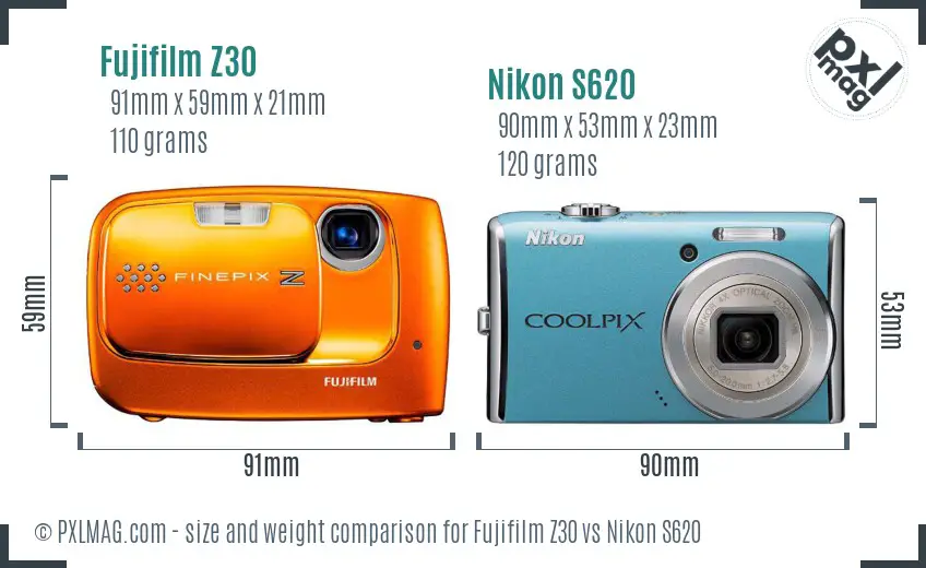 Fujifilm Z30 vs Nikon S620 size comparison