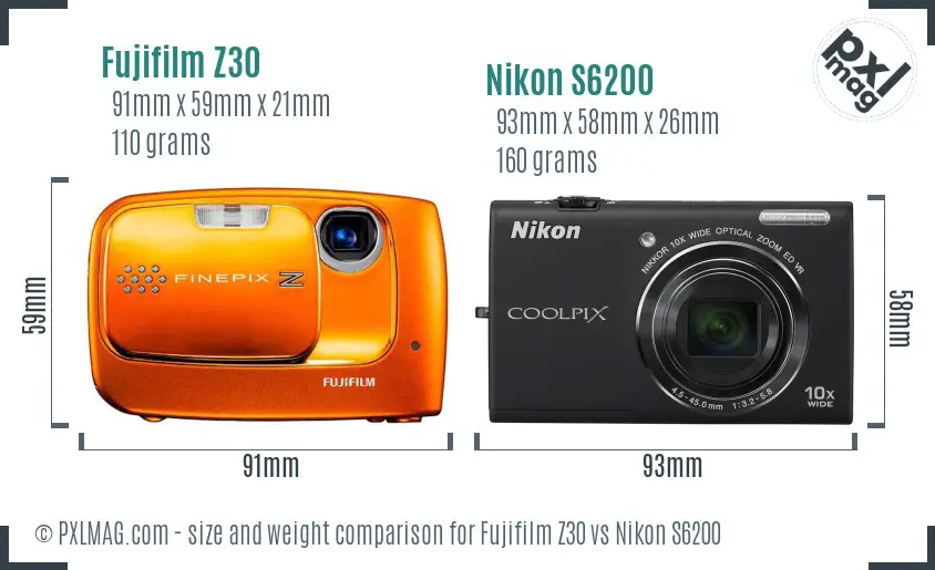 Fujifilm Z30 vs Nikon S6200 size comparison