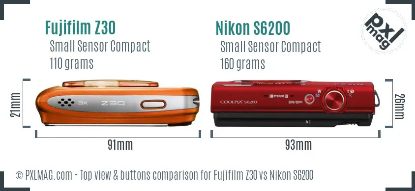 Fujifilm Z30 vs Nikon S6200 top view buttons comparison