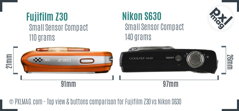 Fujifilm Z30 vs Nikon S630 top view buttons comparison