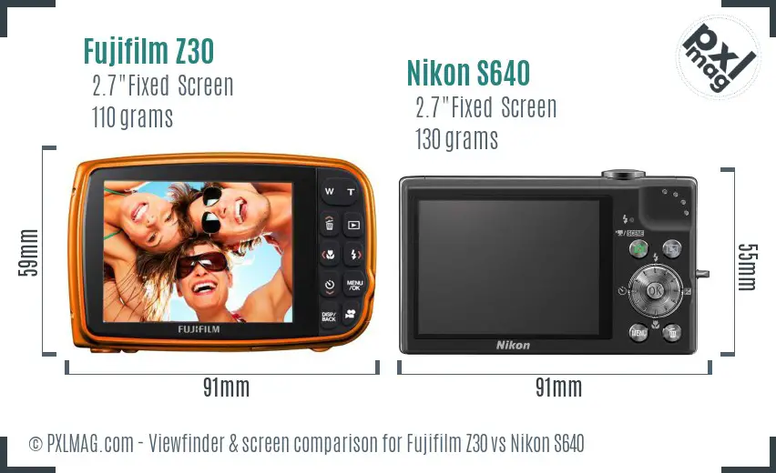 Fujifilm Z30 vs Nikon S640 Screen and Viewfinder comparison