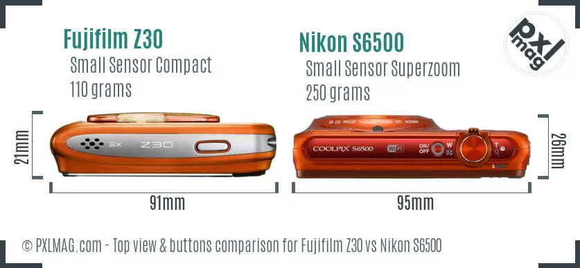 Fujifilm Z30 vs Nikon S6500 top view buttons comparison