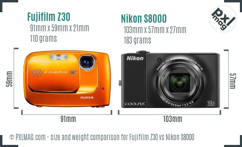 Fujifilm Z30 vs Nikon S8000 size comparison