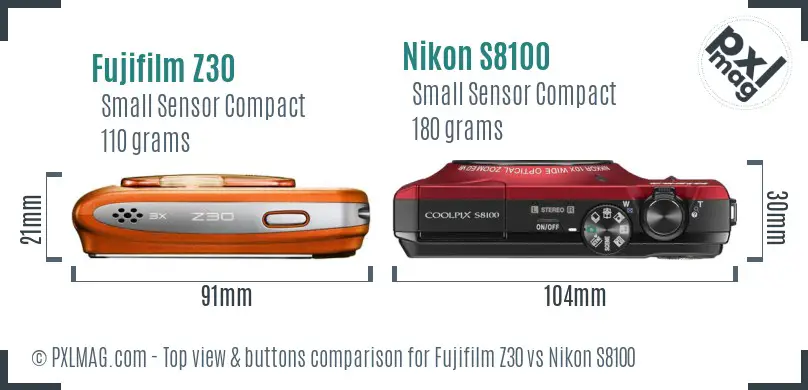 Fujifilm Z30 vs Nikon S8100 top view buttons comparison Fujifilm Z30 vs Nikon S8100 top view buttons comparison