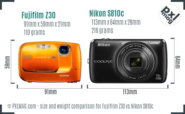 Fujifilm Z30 vs Nikon S810c size comparison