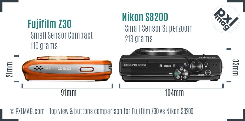 Fujifilm Z30 vs Nikon S8200 top view buttons comparison