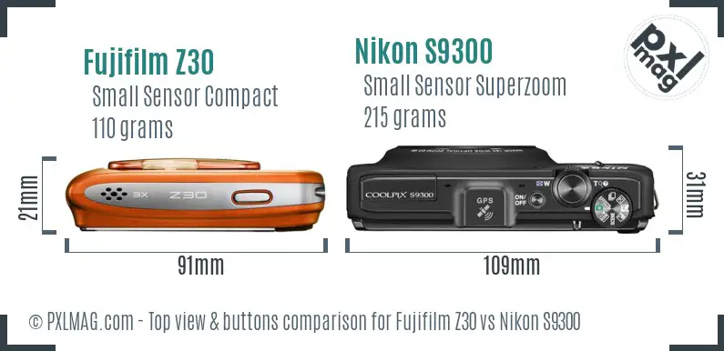 Fujifilm Z30 vs Nikon S9300 top view buttons comparison