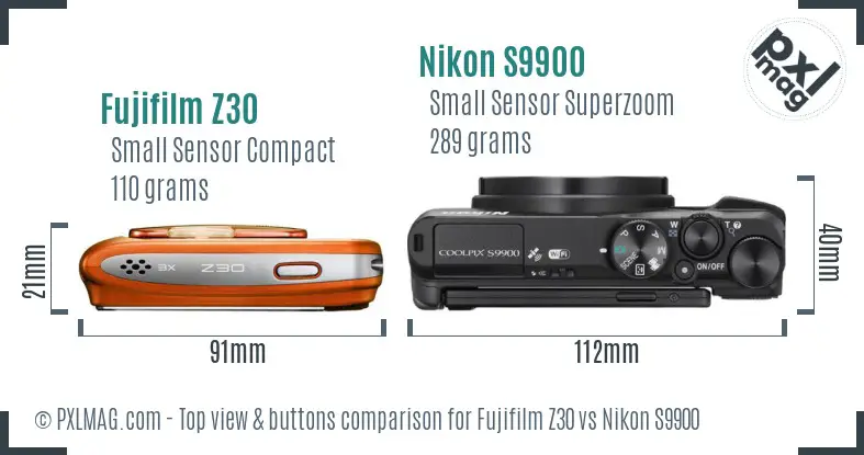 Fujifilm Z30 vs Nikon S9900 top view buttons comparison