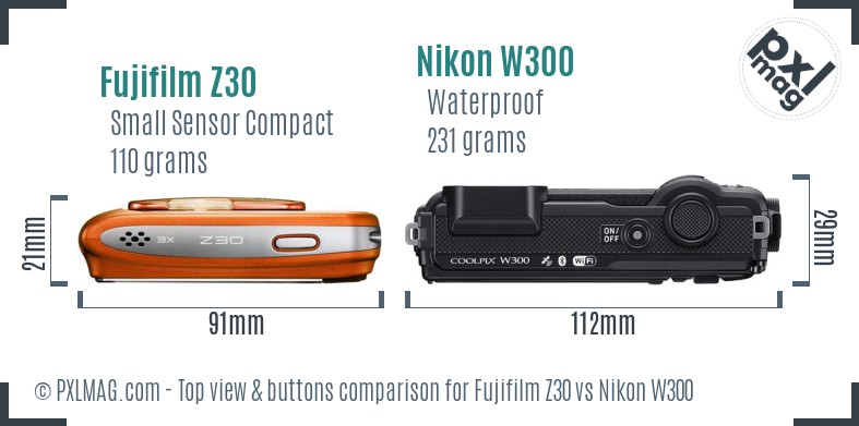 Fujifilm Z30 vs Nikon W300 top view buttons comparison