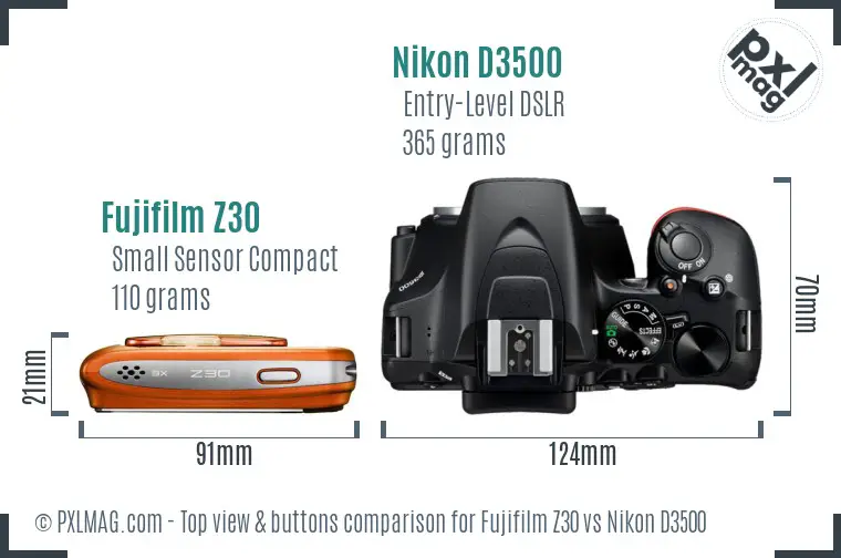 Fujifilm Z30 vs Nikon D3500 top view buttons comparison
