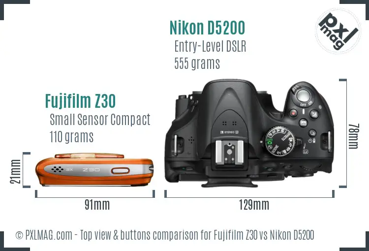 Fujifilm Z30 vs Nikon D5200 top view buttons comparison Fujifilm Z30 vs Nikon D5200 top view buttons comparison