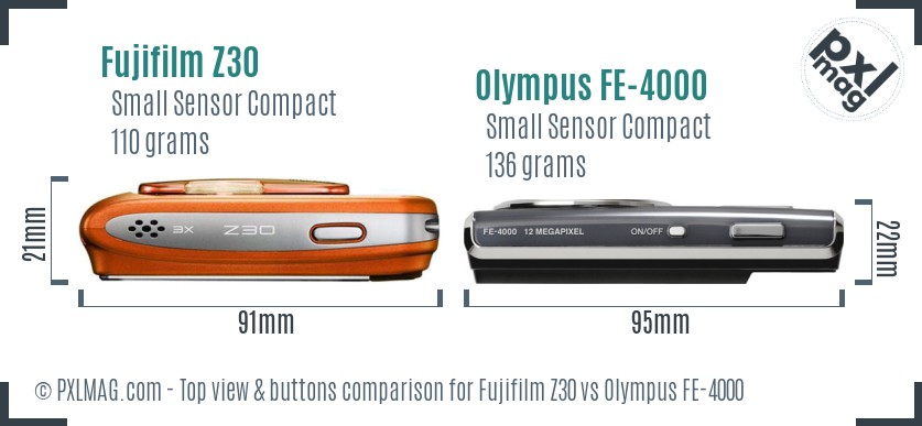Fujifilm Z30 vs Olympus FE-4000 top view buttons comparison