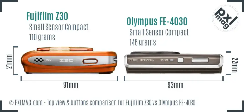 Fujifilm Z30 vs Olympus FE-4030 top view buttons comparison